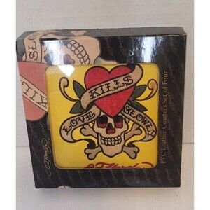 Don Ed Hardy Love Kills Embroidered 4" Leather Coasters Set of 4 w/ Holder- New